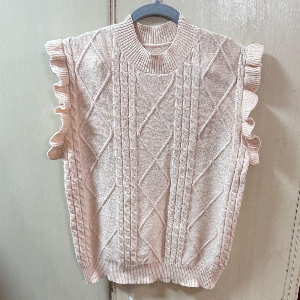 Women's Ruffled Cable Knit Sweater - Cream